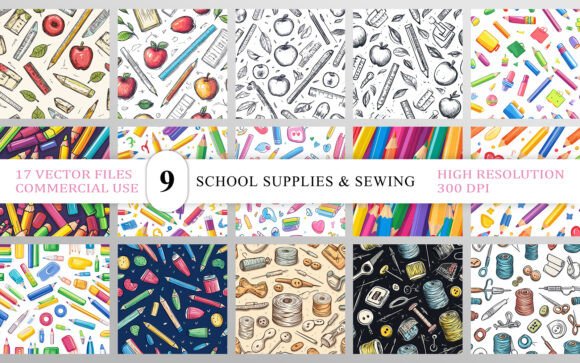 Creative Design Assets: The School Supplies & Sewing Craft Patterns Bundle