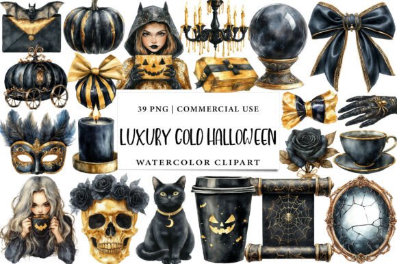 Luxury Black and Gold Halloween Clipart: 39 Designs for Elevated Projects