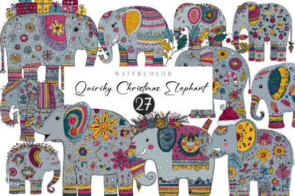 Quirky Christmas Elephant Clipart: Festive Design Assets
